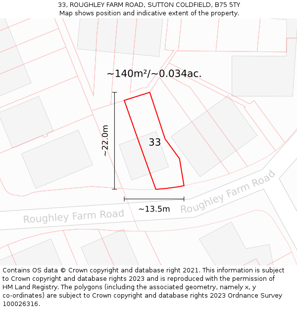 33, ROUGHLEY FARM ROAD, SUTTON COLDFIELD, B75 5TY: Plot and title map