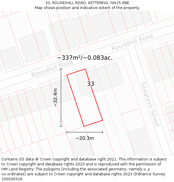 33, ROUNDHILL ROAD, KETTERING, NN15 6BE: Plot and title map