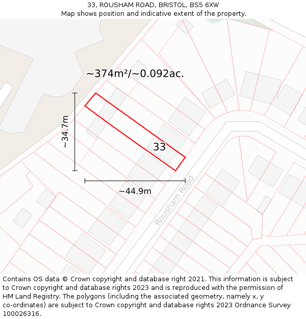 33, ROUSHAM ROAD, BRISTOL, BS5 6XW: Plot and title map