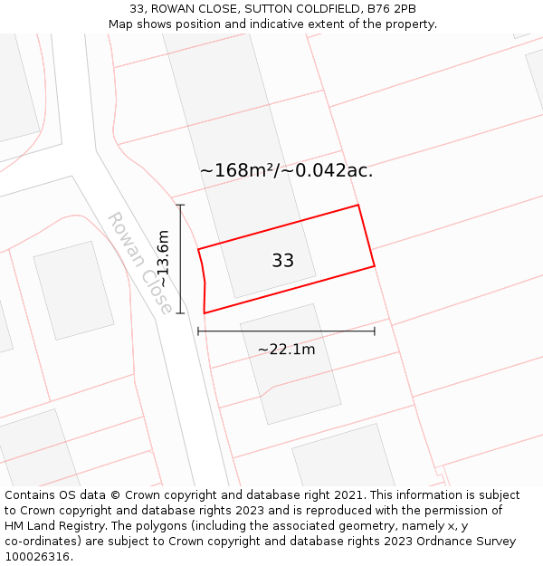 33, ROWAN CLOSE, SUTTON COLDFIELD, B76 2PB: Plot and title map