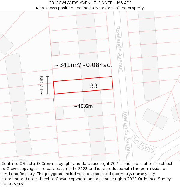 33, ROWLANDS AVENUE, PINNER, HA5 4DF: Plot and title map