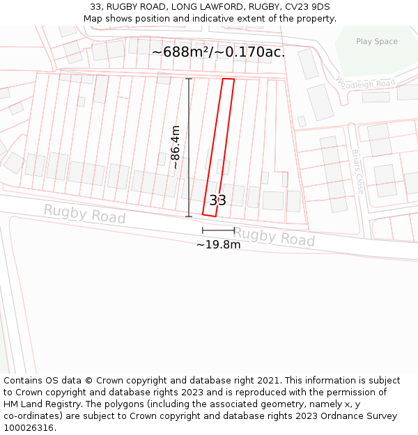 33, RUGBY ROAD, LONG LAWFORD, RUGBY, CV23 9DS: Plot and title map