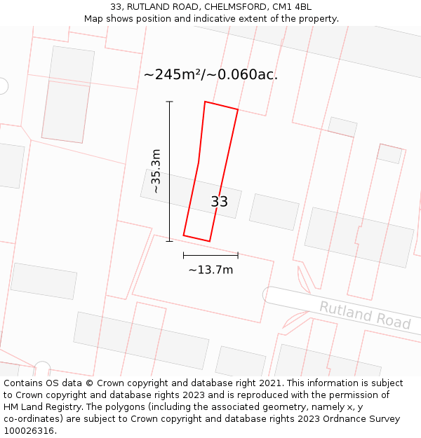 33, RUTLAND ROAD, CHELMSFORD, CM1 4BL: Plot and title map