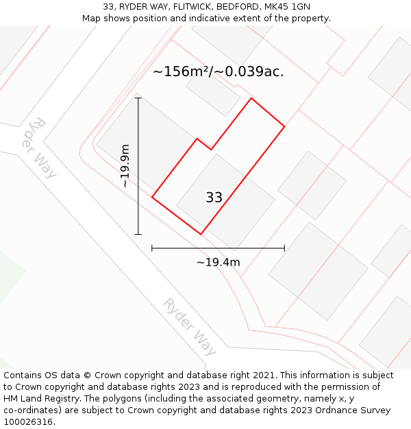 33, RYDER WAY, FLITWICK, BEDFORD, MK45 1GN: Plot and title map