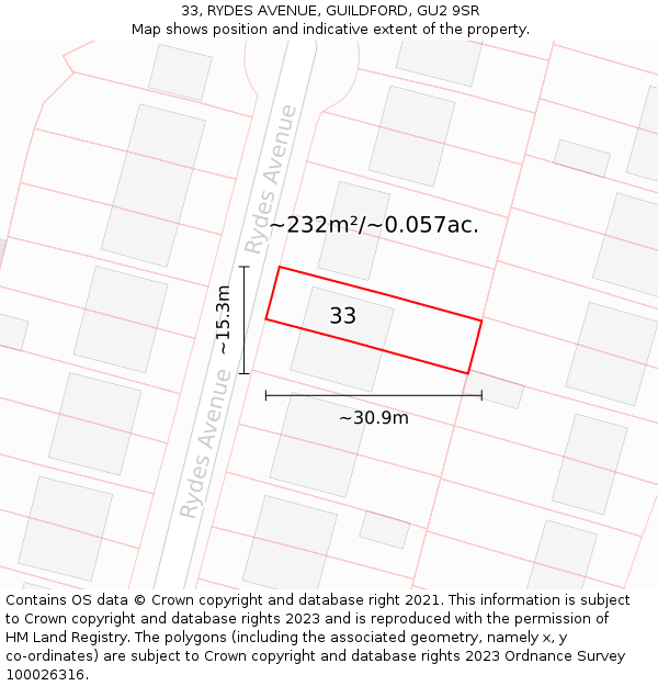 33, RYDES AVENUE, GUILDFORD, GU2 9SR: Plot and title map