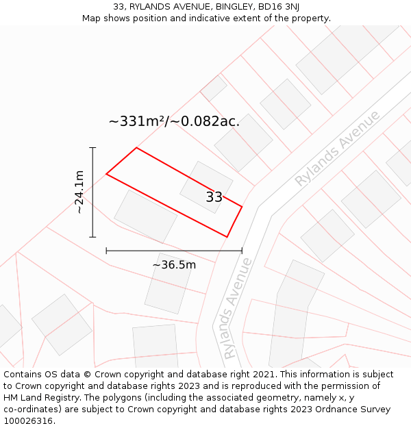 33, RYLANDS AVENUE, BINGLEY, BD16 3NJ: Plot and title map