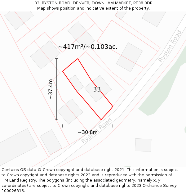 33, RYSTON ROAD, DENVER, DOWNHAM MARKET, PE38 0DP: Plot and title map