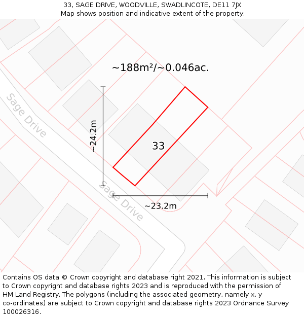 33, SAGE DRIVE, WOODVILLE, SWADLINCOTE, DE11 7JX: Plot and title map