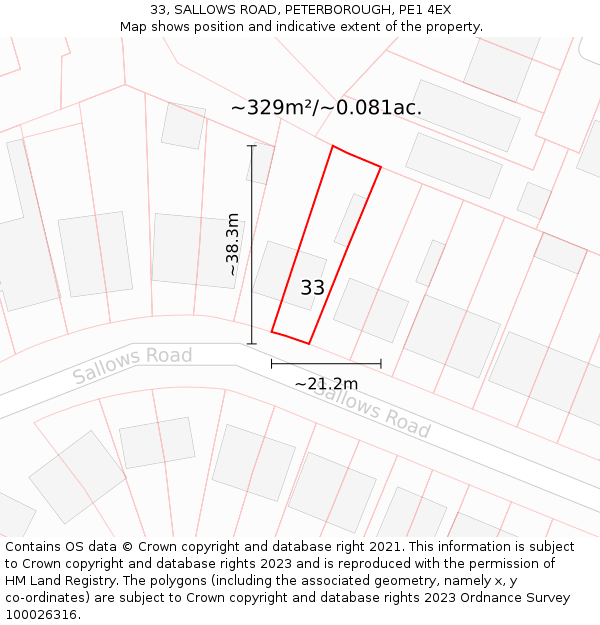33, SALLOWS ROAD, PETERBOROUGH, PE1 4EX: Plot and title map