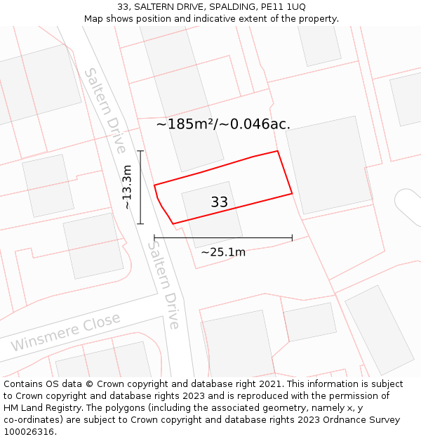 33, SALTERN DRIVE, SPALDING, PE11 1UQ: Plot and title map