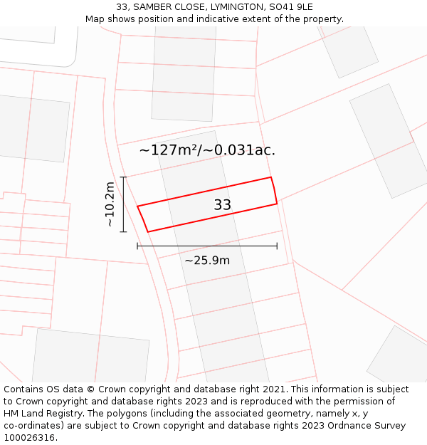 33, SAMBER CLOSE, LYMINGTON, SO41 9LE: Plot and title map