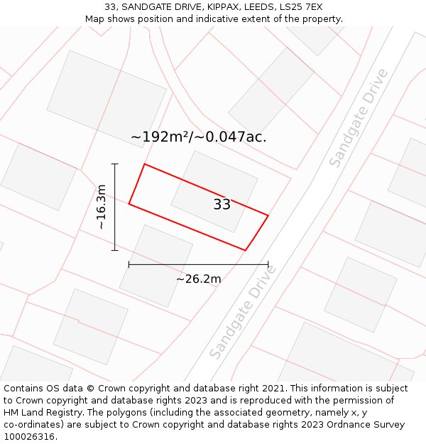 33, SANDGATE DRIVE, KIPPAX, LEEDS, LS25 7EX: Plot and title map