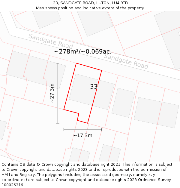 33, SANDGATE ROAD, LUTON, LU4 9TB: Plot and title map
