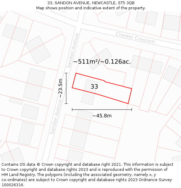 33, SANDON AVENUE, NEWCASTLE, ST5 3QB: Plot and title map