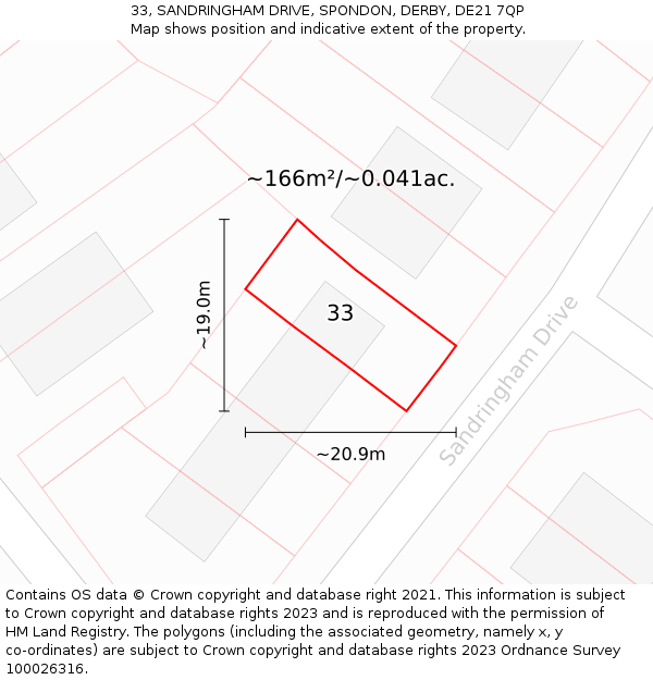 33, SANDRINGHAM DRIVE, SPONDON, DERBY, DE21 7QP: Plot and title map