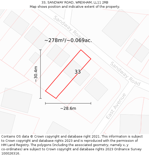 33, SANDWAY ROAD, WREXHAM, LL11 2RB: Plot and title map