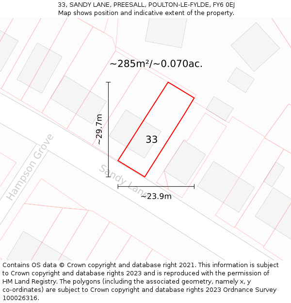 33, SANDY LANE, PREESALL, POULTON-LE-FYLDE, FY6 0EJ: Plot and title map