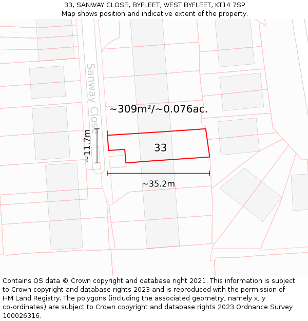 33, SANWAY CLOSE, BYFLEET, WEST BYFLEET, KT14 7SP: Plot and title map
