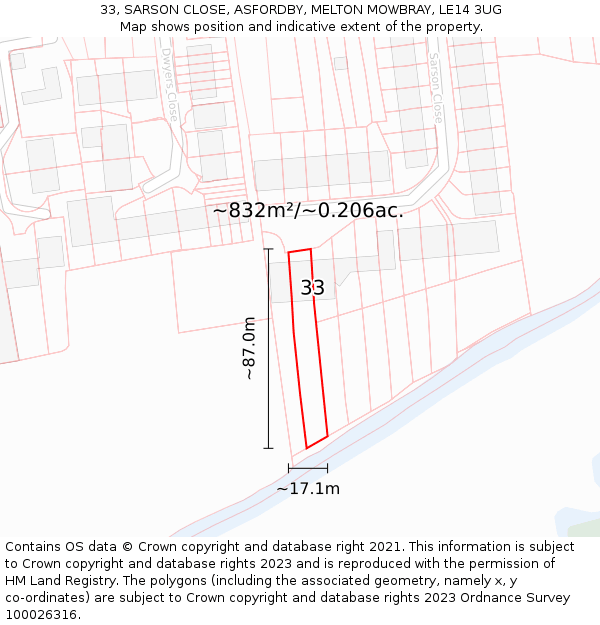 33, SARSON CLOSE, ASFORDBY, MELTON MOWBRAY, LE14 3UG: Plot and title map