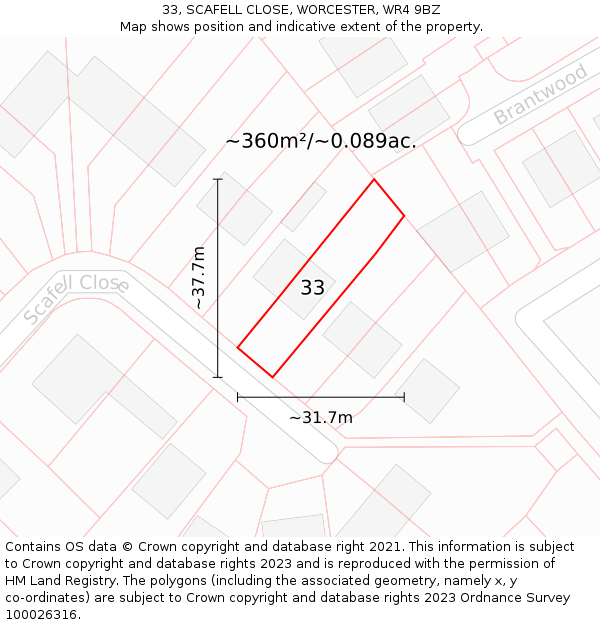 33, SCAFELL CLOSE, WORCESTER, WR4 9BZ: Plot and title map