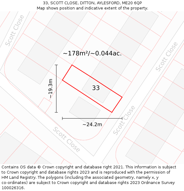 33, SCOTT CLOSE, DITTON, AYLESFORD, ME20 6QP: Plot and title map