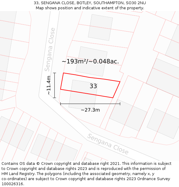 33, SENGANA CLOSE, BOTLEY, SOUTHAMPTON, SO30 2NU: Plot and title map