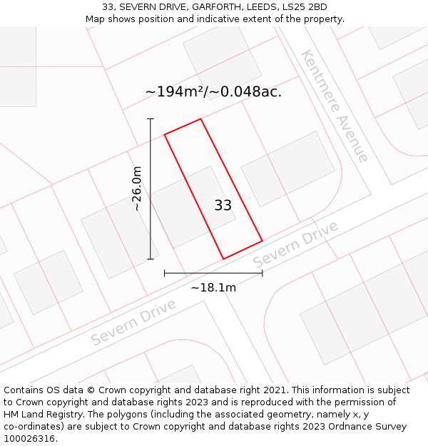 33, SEVERN DRIVE, GARFORTH, LEEDS, LS25 2BD: Plot and title map