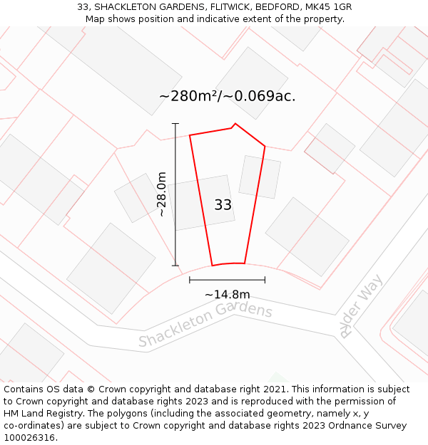 33, SHACKLETON GARDENS, FLITWICK, BEDFORD, MK45 1GR: Plot and title map