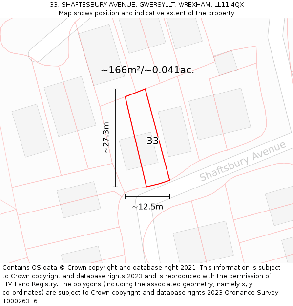 33, SHAFTESBURY AVENUE, GWERSYLLT, WREXHAM, LL11 4QX: Plot and title map