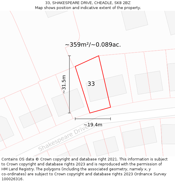 33, SHAKESPEARE DRIVE, CHEADLE, SK8 2BZ: Plot and title map