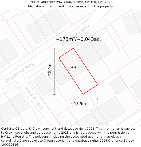33, SHAREFORD WAY, CRANBROOK, EXETER, EX5 7EZ: Plot and title map