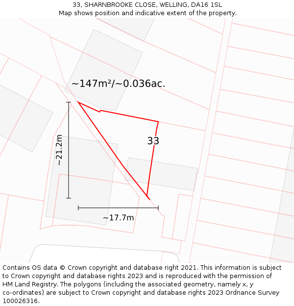 33, SHARNBROOKE CLOSE, WELLING, DA16 1SL: Plot and title map