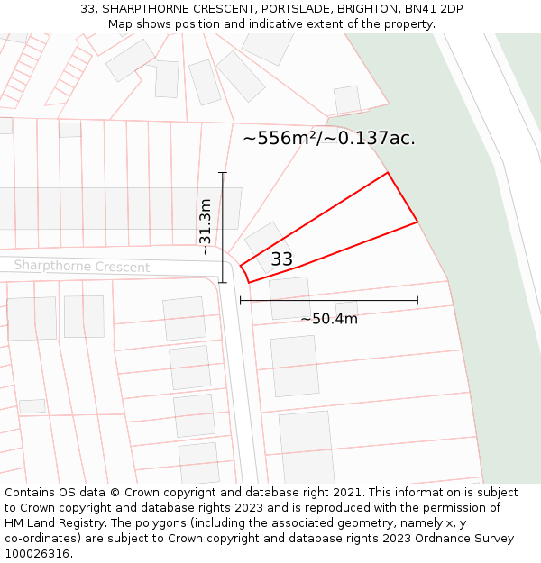 33, SHARPTHORNE CRESCENT, PORTSLADE, BRIGHTON, BN41 2DP: Plot and title map