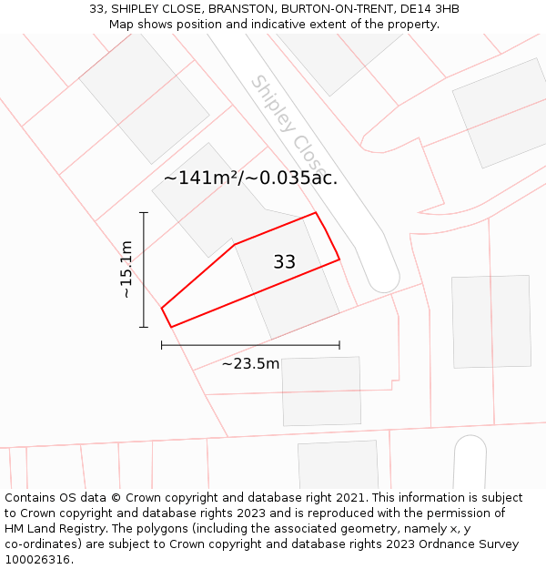33, SHIPLEY CLOSE, BRANSTON, BURTON-ON-TRENT, DE14 3HB: Plot and title map