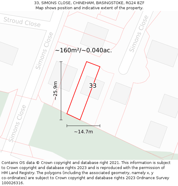 33, SIMONS CLOSE, CHINEHAM, BASINGSTOKE, RG24 8ZF: Plot and title map