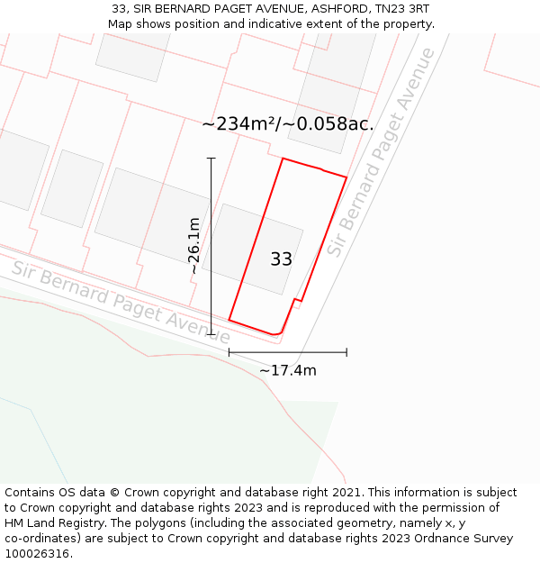33, SIR BERNARD PAGET AVENUE, ASHFORD, TN23 3RT: Plot and title map