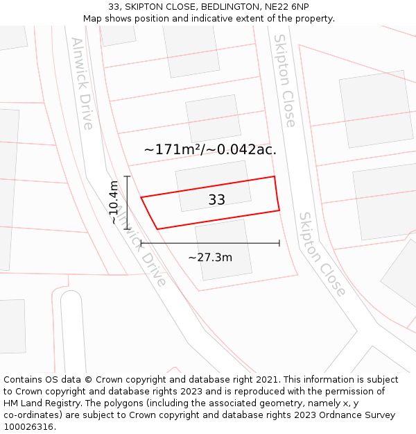 33, SKIPTON CLOSE, BEDLINGTON, NE22 6NP: Plot and title map