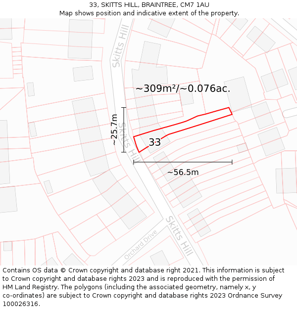 33, SKITTS HILL, BRAINTREE, CM7 1AU: Plot and title map
