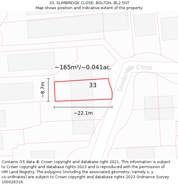 33, SLIMBRIDGE CLOSE, BOLTON, BL2 5NT: Plot and title map