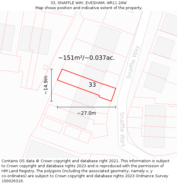 33, SNAFFLE WAY, EVESHAM, WR11 2AW: Plot and title map