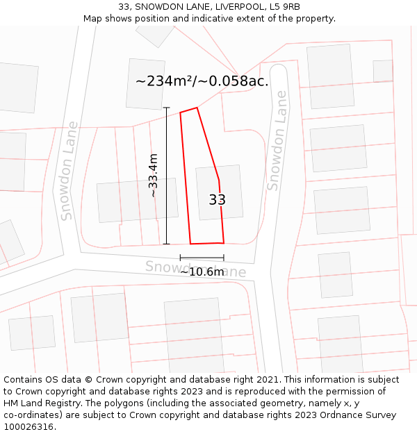 33, SNOWDON LANE, LIVERPOOL, L5 9RB: Plot and title map