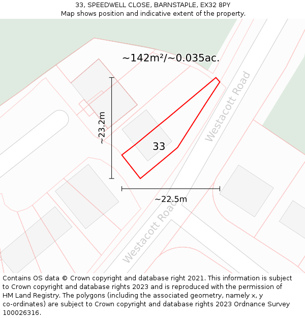 33, SPEEDWELL CLOSE, BARNSTAPLE, EX32 8PY: Plot and title map