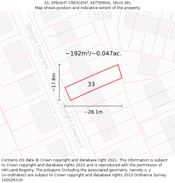 33, SPEIGHT CRESCENT, KETTERING, NN15 6PL: Plot and title map
