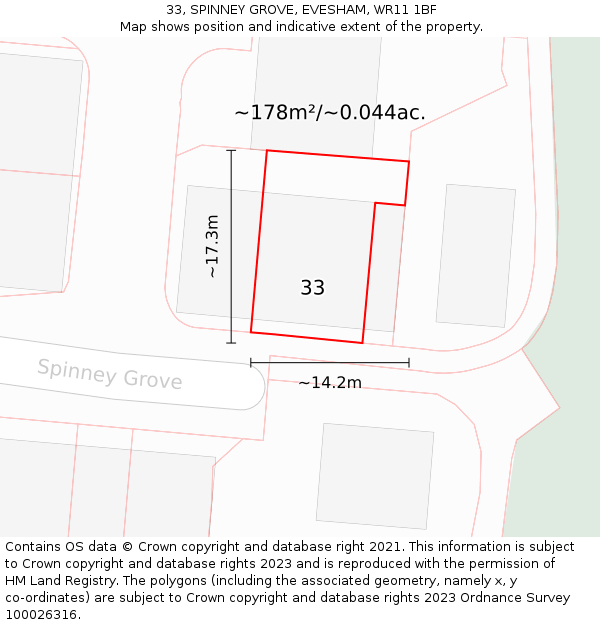33, SPINNEY GROVE, EVESHAM, WR11 1BF: Plot and title map