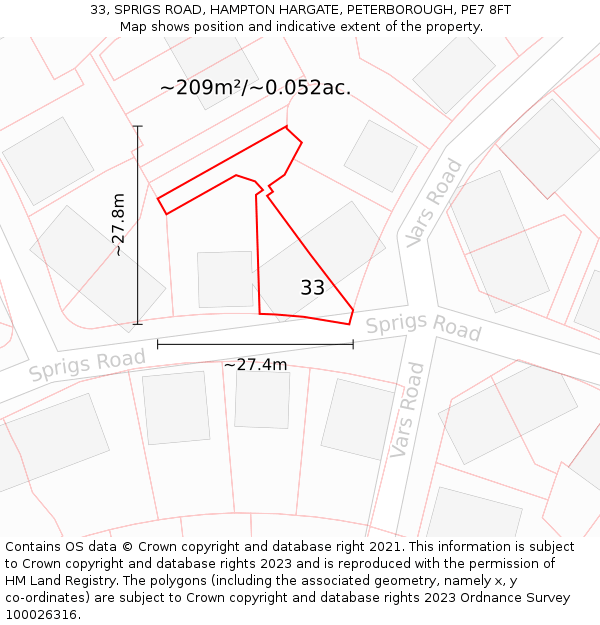 33, SPRIGS ROAD, HAMPTON HARGATE, PETERBOROUGH, PE7 8FT: Plot and title map