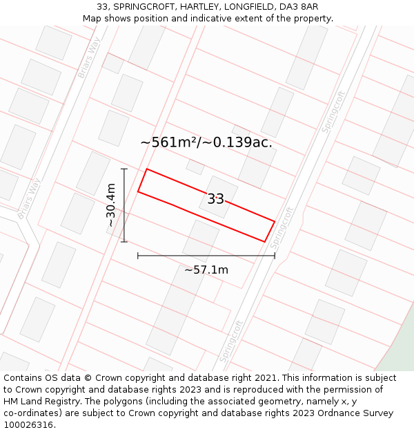 33, SPRINGCROFT, HARTLEY, LONGFIELD, DA3 8AR: Plot and title map