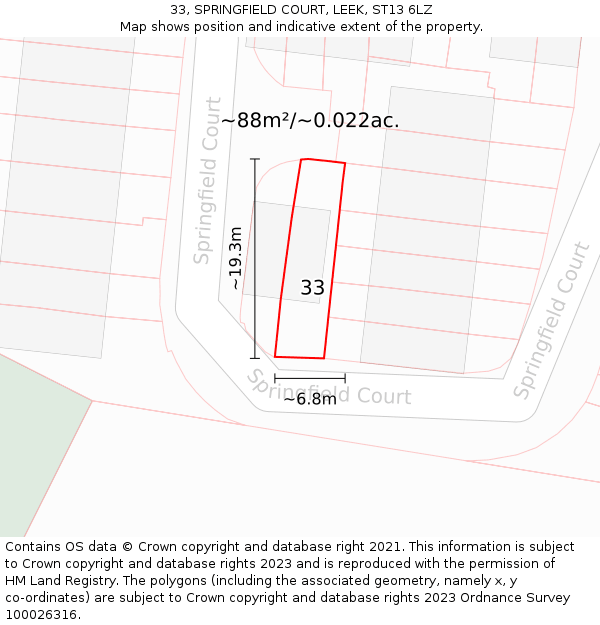 33, SPRINGFIELD COURT, LEEK, ST13 6LZ: Plot and title map
