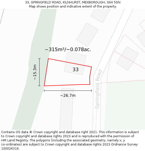 33, SPRINGFIELD ROAD, KILNHURST, MEXBOROUGH, S64 5SN: Plot and title map