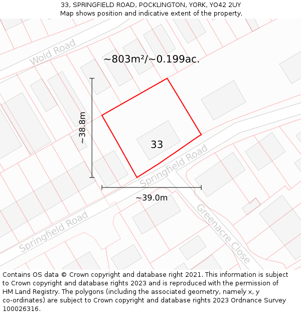 33, SPRINGFIELD ROAD, POCKLINGTON, YORK, YO42 2UY: Plot and title map