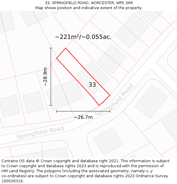 33, SPRINGFIELD ROAD, WORCESTER, WR5 3AR: Plot and title map